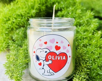 Snoopy Custom Soy Candle, Custom and Personalized, eco-friendly gift in a reusable glass container