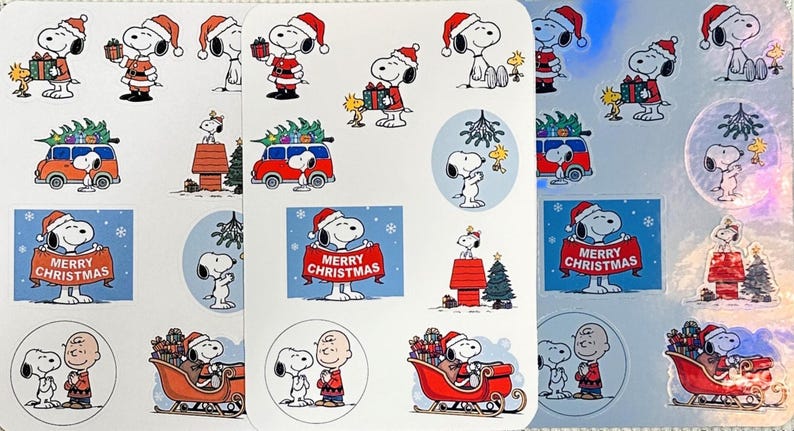 May include: Sheet of Christmas stickers featuring Snoopy in festive scenes. Snoopy is shown wearing a Santa hat, carrying gifts, and with Charlie Brown. Designs include a red sleigh, a Christmas tree, and the text "Merry Christmas."
