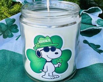 St Patrick's Day Snoopy Candle, Irish Good Luck Gift