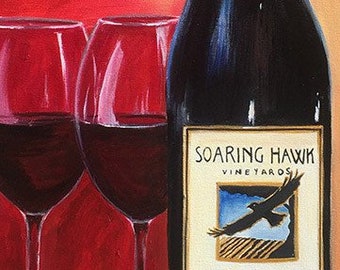 Wine painting, Soaring Hawk  wine bottle with two wine glasses giclee print on canvas, Wine Cellar Decor, gift for dad