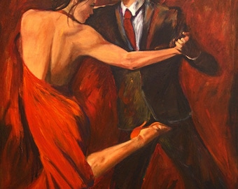 Tango Dancers, Tango Print on canvas, Argentine Tango, dance print, Tango Dancer in Red, unique gift,  Wall art, Free shipping