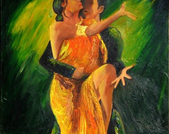 Tango print on paper, passionate couple dancing Argentine tango on a stage under spot light, beautiful wall art to decorate any room