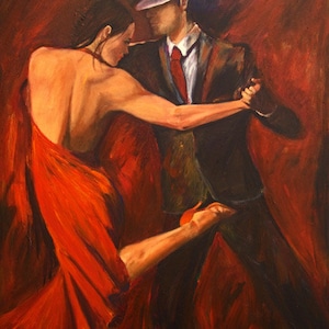 Argentinische Tango-Tänzer Kunst, Tango-Liebhaber Druck auf Papier, Tänzer im roten Kleid mit rotem und schwarzem Hintergrund, dramatische Liebe, Kunstdekor