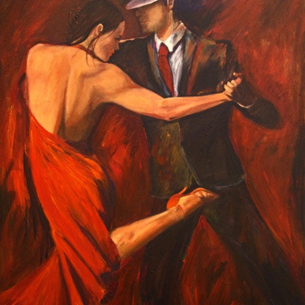 Art de danseurs de tango argentins, impression d'amoureux de tango sur papier, danseur en robe rouge sur fond rouge et noir, décor d'art dramatique d'amour