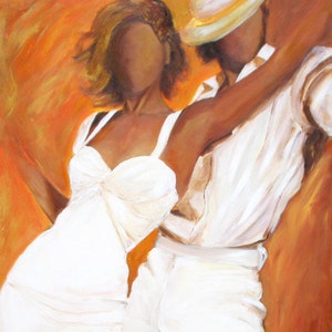 Tango dancers art print on paper, Tango dancers in white dress and white fedora ,Couple dancing wall decor, Free shipping Gift under 50 image 1