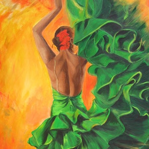 Flamenco dancer canvas print,  Back of a Spanish flamenco dancer in green ruffled dress, passionate dance painting, woman painting