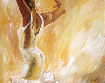 Flamenco Dancer Painting, Back of a Flamenco Dancer in White Ruffled Dress canvas print, Limited Edition Canvas, Earth tone Painting