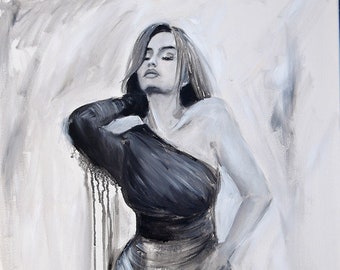 May include: A monochrome painting depicting a person in a one-shoulder dress. The dark dress has a fitted waist and a flowing skirt. The person's eyes are closed, and they are touching their neck. The background is a light, textured wash.