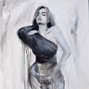 Woman black and white original painting, Beautiful sexy woman acrylic painting wall decor bedroom art
