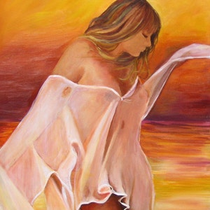 Sexy woman in sheer clothing in sunset at the beach art print, Home decor, Free Shipping