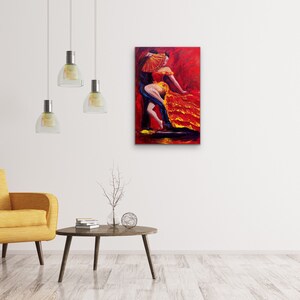 Flamenco original painting of a dancer in a red dress with a red fan, Original flamenco acrylic painting 24x36 wall decor, image 6