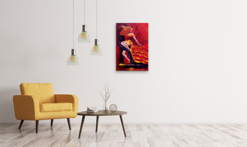 Flamenco original painting of a dancer in a red dress with a red fan, Original flamenco acrylic painting 24x36 wall decor, image 6