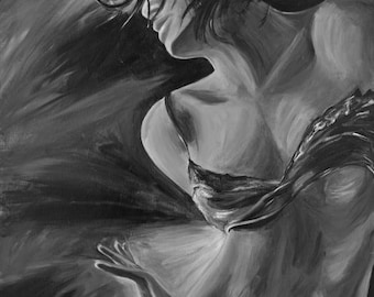 May include: A black and white painting of a woman with long hair, wearing a flowing garment. The woman's face is partially obscured by her hair, but her eyes are visible. The painting is done in a loose, expressive style.