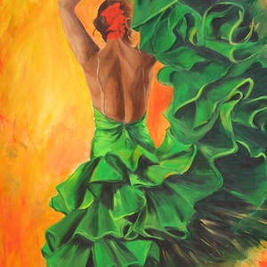Flamenco-Tänzerin Drucken Sie auf Papier, Tänzerin im grünen gerüschten Kleid- Orangefarbener Hintergrund, perfekt für jede Wand, Tanzstudio