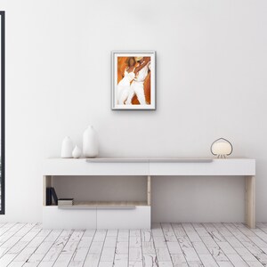 Dancers art print on paper in white dress and white fedora with a burnt orange and bronze background Tango Blanco image 5