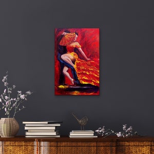 Flamenco original painting of a dancer in a red dress with a red fan, Original flamenco acrylic painting 24x36 wall decor, image 10