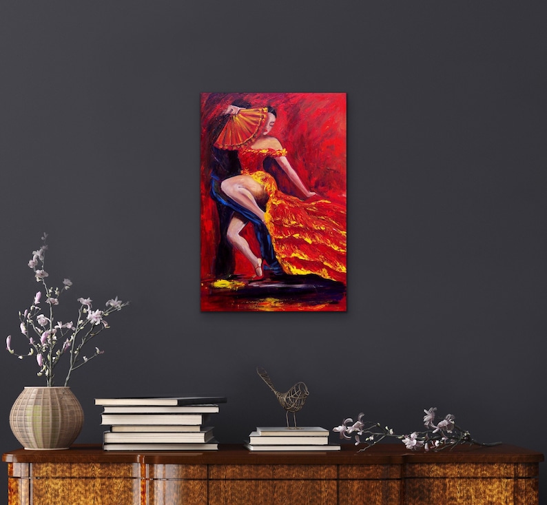 Flamenco original painting of a dancer in a red dress with a red fan, Original flamenco acrylic painting 24x36 wall decor, image 10