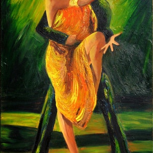 Tango painting limited edition  canvas print, Tango dancers dressed in gold with a dark green background, Free shipping