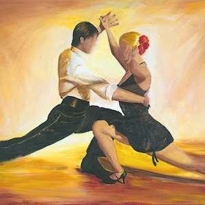 Tango Dancers Art, Argentine Tango Print on Paper, Dancer in Black Dress and Shoe with neutral color Background