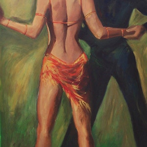 Tango dancers canvas painting, Back of Cha-Cha  dancer canvas print in gold metallic dress with the green and gold background