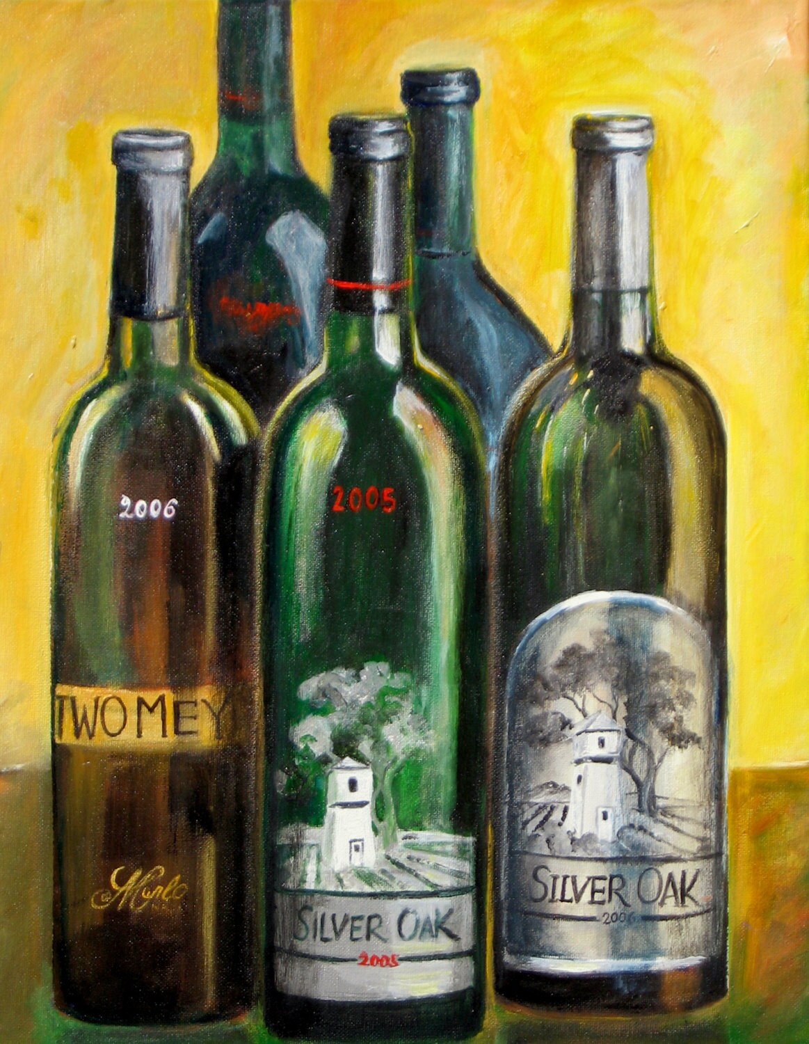 Wine bottle painting Wine wall art print Silver Oak wine Etsy