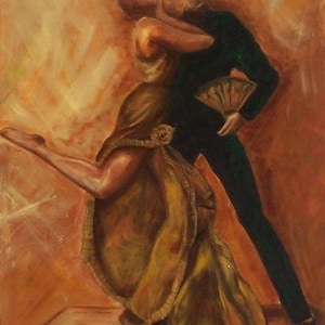 Dancing couple art print on paper, dramatic earth tone color painting,gold, bronze and brown background.