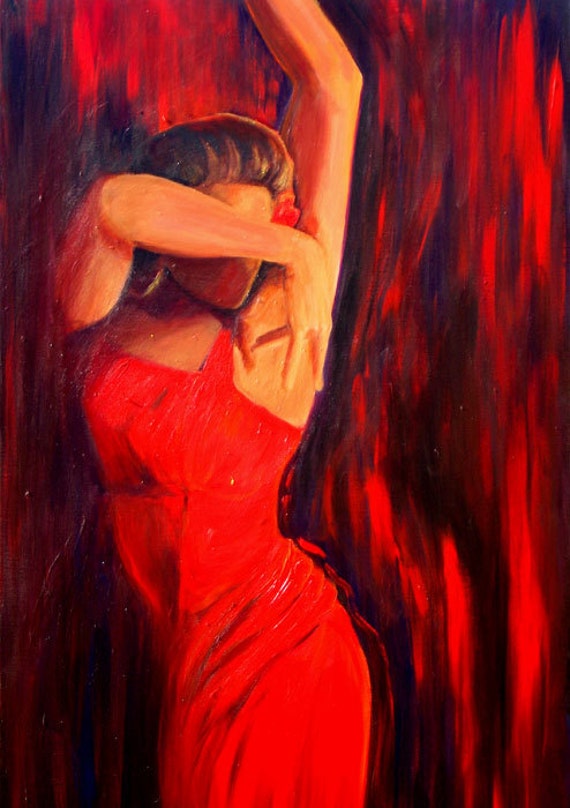 Items similar to Woman in red dress painting, Print on canvas of a