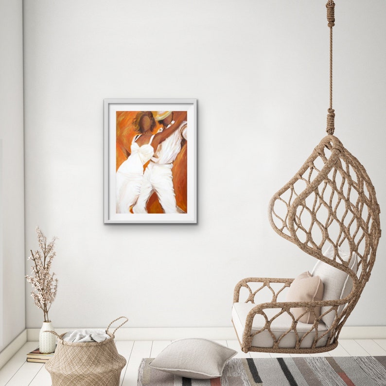 Dancers art print on paper in white dress and white fedora with a burnt orange and bronze background Tango Blanco image 8