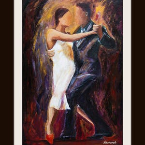 Tango dancers art print on paper, Tango dancers in white dress and white fedora ,Couple dancing wall decor, Free shipping Gift under 50 image 8