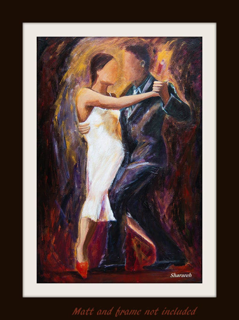 Tango dancers art print on paper, Tango dancers in white dress and white fedora ,Couple dancing wall decor, Free shipping Gift under 50 image 8