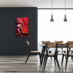 Flamenco original painting of a dancer in a red dress with a red fan, Original flamenco acrylic painting 24x36 wall decor, image 7