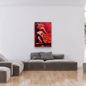 Flamenco original painting of a dancer in a red dress with a red fan, Original flamenco acrylic painting 24x36 wall decor, image 4