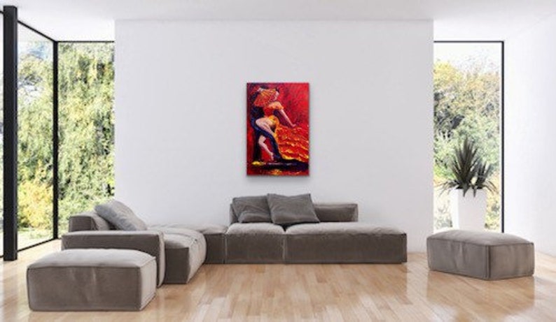 Flamenco original painting of a dancer in a red dress with a red fan, Original flamenco acrylic painting 24x36 wall decor, image 4