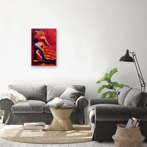 Flamenco original painting of a dancer in a red dress with a red fan, Original flamenco acrylic painting 24x36 wall decor, image 9