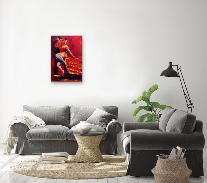 Flamenco original painting of a dancer in a red dress with a red fan, Original flamenco acrylic painting 24x36 wall decor, image 9