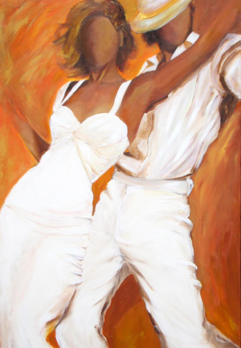 Tango dancers art print on paper, Tango dancers in white dress and white fedora ,Couple dancing wall decor, Free shipping Gift under 50 image 1