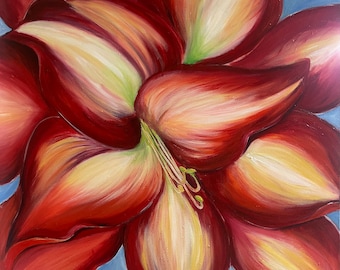 白いアマリリスの花の絵画 赤い背景 | モダンアート マティススタイル
