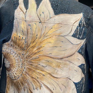 Hand-Painted Sunflower Denim Jacket with Gold and Metallic White Details - Unique Floral Artwear - Custom Beaded Jean Jacket - Boho Chic