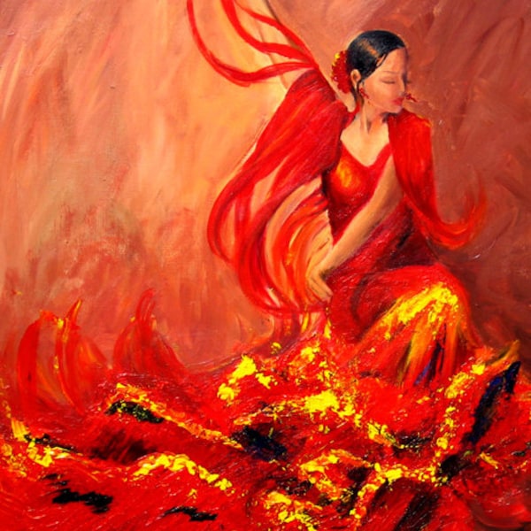 Flamenco Dancer art print on paper, Spanish dancer in red  ruffle dress , dinning room art wall decor