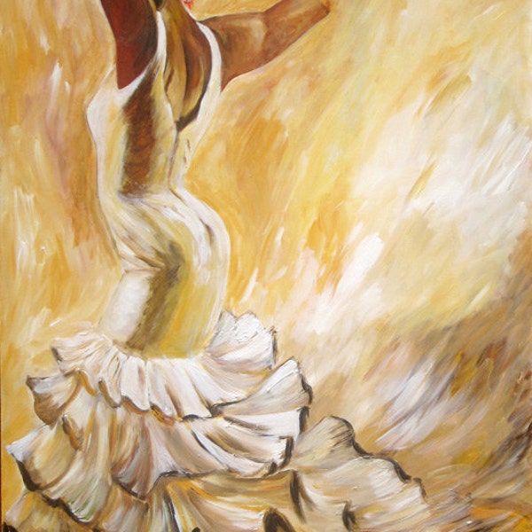 Flamenco Dancer Print on Paper- Back of a Dancer in White Dress art - Earth Tone Color Back Ground wall décor- Free Shipping