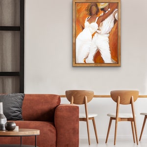 Dancers art print on paper in white dress and white fedora with a burnt orange and bronze background Tango Blanco image 3