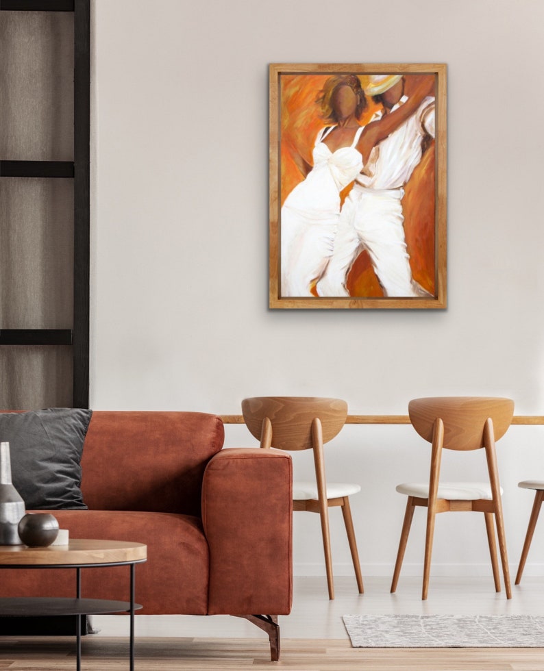 Dancers art print on paper in white dress and white fedora with a burnt orange and bronze background Tango Blanco image 3