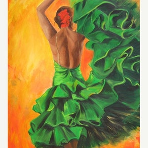 Flamencotänzer Druck auf Papier, Rückseite einer Flamencotänzerin im grünen Rüschenkleid mit gelb orangem Hintergrund Geschenk unter 20