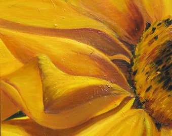 Sunflower print on paper Free Shipping,  Closeup half of a beautiful sunflower with lots of movement on black background