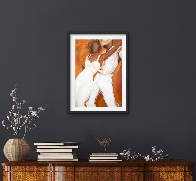 Dancers art print on paper in white dress and white fedora with a burnt orange and bronze background Tango Blanco image 4