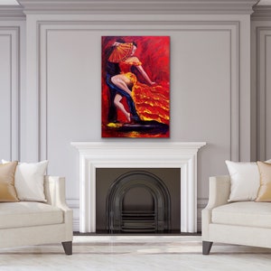 Flamenco original painting of a dancer in a red dress with a red fan, Original flamenco acrylic painting 24x36 wall decor, image 3