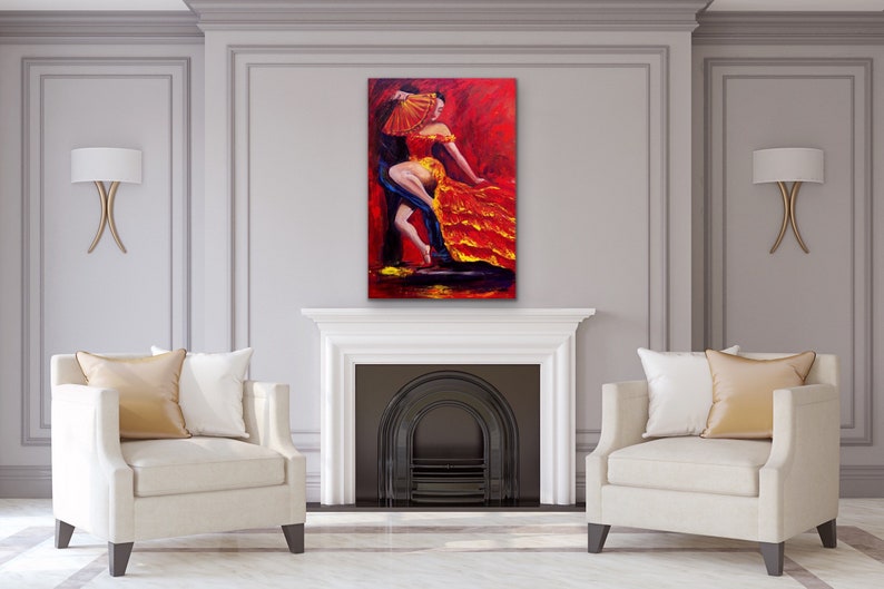 Flamenco original painting of a dancer in a red dress with a red fan, Original flamenco acrylic painting 24x36 wall decor, image 3