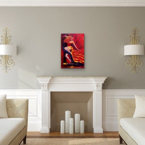 Flamenco original painting of a dancer in a red dress with a red fan, Original flamenco acrylic painting 24x36 wall decor, image 5