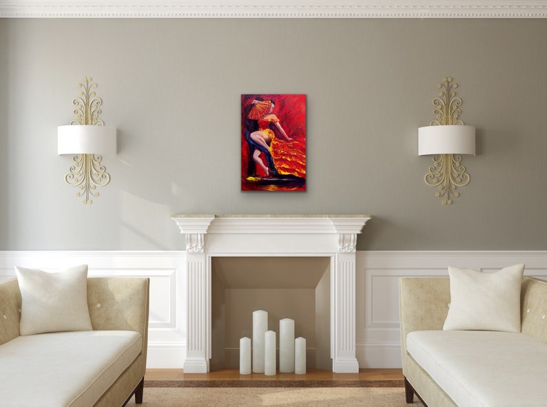 Flamenco original painting of a dancer in a red dress with a red fan, Original flamenco acrylic painting 24x36 wall decor, image 5