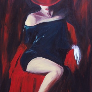 Peinture de femme au chapeau rouge, impression sur papier 12x18, peinture rouge et noire de femme avec chapeau